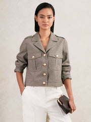 Reiss | Wool Twin-Pocket Cropped Jacket in Neutral Check