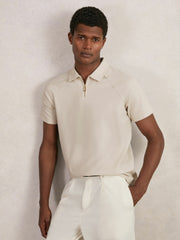 Reiss | Textured Raglan Half-Zip Polo Shirt in Stone