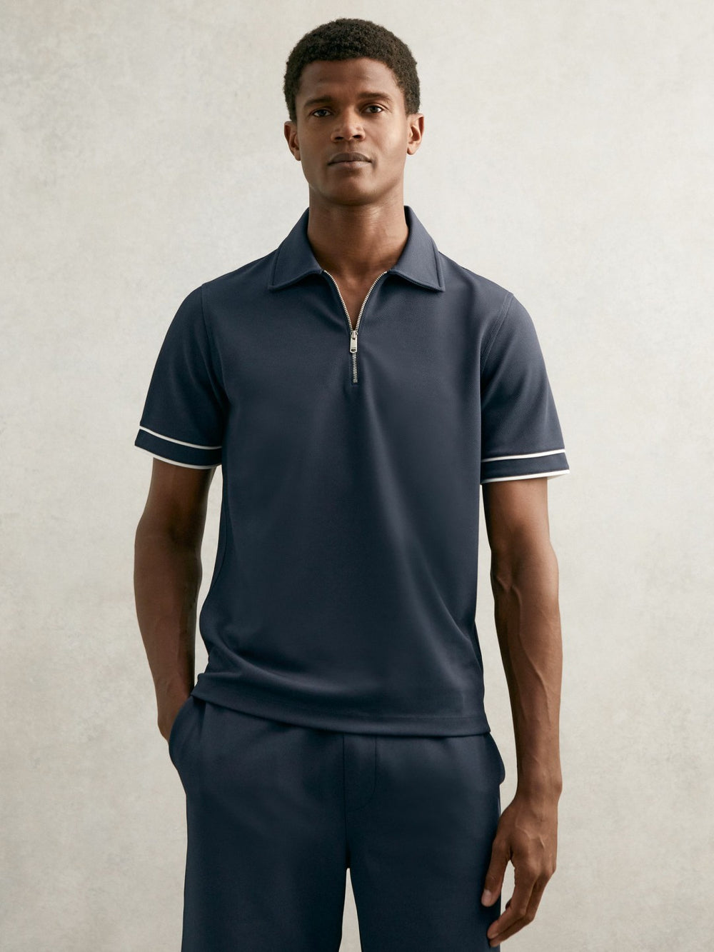 Reiss | Textured Half-Zip Tipped Polo Shirt in Airforce Blue