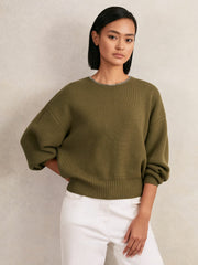 Reiss | Wool-Blend Necklace-Trim Jumper with Cashmere in Sage Green