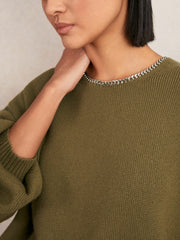 Reiss | Wool-Blend Necklace-Trim Jumper with Cashmere in Sage Green