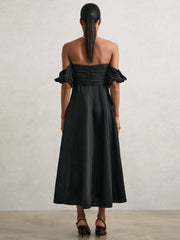 Reiss | Bardot Sculpted Bodice Midi Dress With Linen in Black