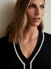 Reiss | Craft-Stitch Rib-Knit Top in Navy/White