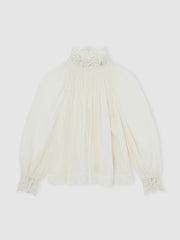 Reiss | Lace-Trim Draped Chiffon Top in Cream