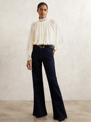 Reiss | Lace-Trim Draped Chiffon Top in Cream
