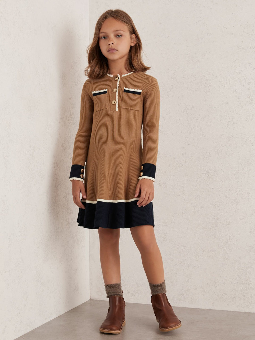 Reiss | 3-9 yrs Scallop-Trim Rib-Knit Dress in Camel