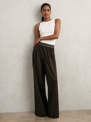 Reiss | Petite Wide-Leg Contrast-Waistband Trousers in Chocolate Brown