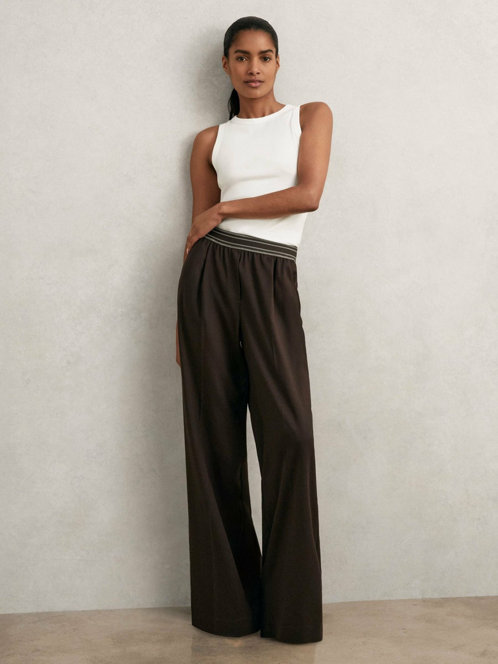 Reiss | Wide-Leg Contrast-Waistband Trousers in Chocolate Brown