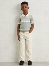 Reiss | 3-9 yrs Cotton Stripe Knit Half-Zip Polo Shirt in Sage Green/Off White