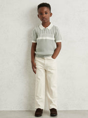 Reiss | 3-9 yrs Cotton Stripe Knit Half-Zip Polo Shirt in Sage Green/Off White