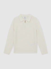 Reiss | 9-13 yrs Wool Waffle-Knit Half-Zip Polo Shirt in Off White