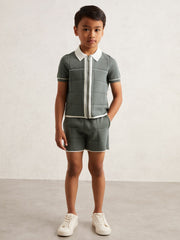 Reiss | 9-12 yrs Tipped Knit Stitch-Detail Shorts in Dark Sage Green