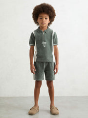 Reiss | 3-9 yrs Chenille Tipped Motor Cars Shorts in Dark Sage Green/White