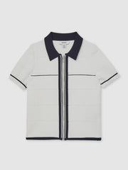Reiss | 3-9 yrs Tipped Knit Zip-Through Shirt in White/Navy