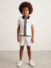 Reiss | 3-9 yrs Tipped Knit Zip-Through Shirt in White/Navy