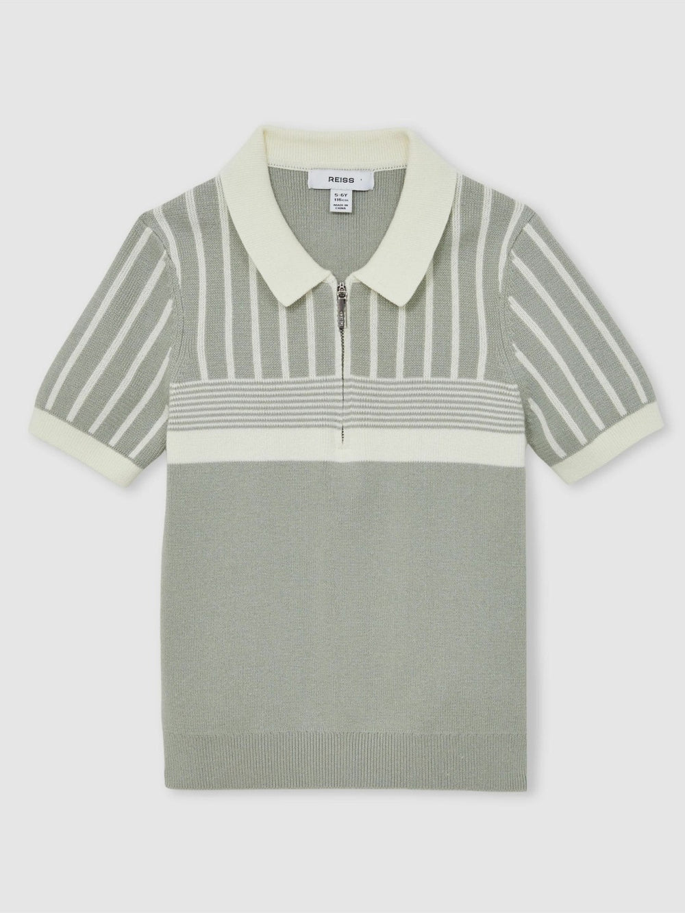 Reiss | 13-14 yrs Cotton Stripe Knit Half-Zip Polo Shirt in Sage Green/Off White
