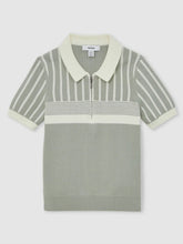 Reiss | 13-14 yrs Cotton Stripe Knit Half-Zip Polo Shirt in Sage Green/Off White