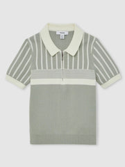 Reiss | 13-14 yrs Cotton Stripe Knit Half-Zip Polo Shirt in Sage Green/Off White