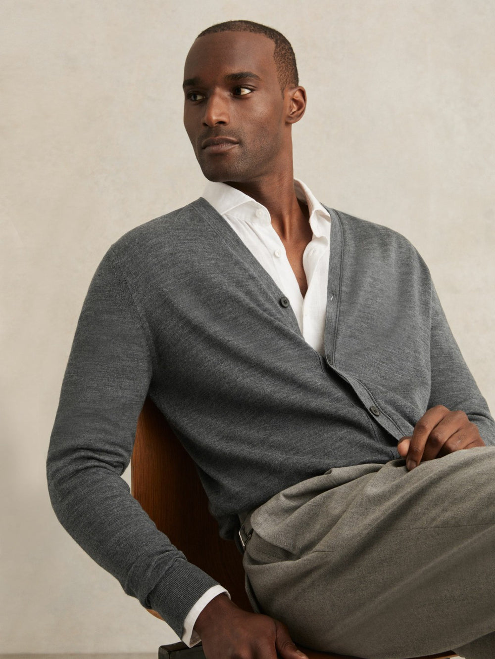 Reiss | Merino Wool Button-Through Cardigan in Derby Grey Melange