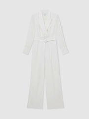 Reiss | Sheer-Sleeve Wide-Leg Tuxedo Jumpsuit in Ivory