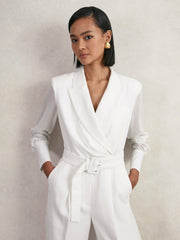 Reiss | Sheer-Sleeve Wide-Leg Tuxedo Jumpsuit in Ivory