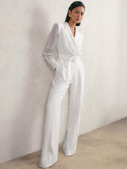 Reiss | Sheer-Sleeve Wide-Leg Tuxedo Jumpsuit in Ivory