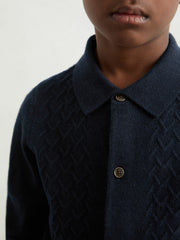 Reiss | 13-14 yrs Wool V-Stitch Button-Through Cardigan in Navy Blue