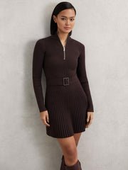 Reiss | Rib-Knit Belted Half-Zip Flippy Dress in Plum Purple