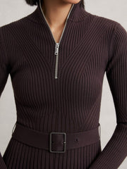 Reiss | Rib-Knit Belted Half-Zip Flippy Dress in Plum Purple
