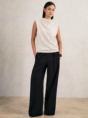 Reiss | Petite Wide Leg Elasticated Waist Trousers in Navy