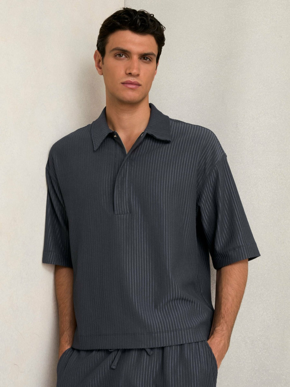 Reiss | Oversized Textured Stripe Polo Shirt in Petrol Blue