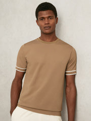 Reiss | Textured Crew-Neck Tipped T-Shirt in Camel Brown