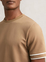 Reiss | Textured Crew-Neck Tipped T-Shirt in Camel Brown