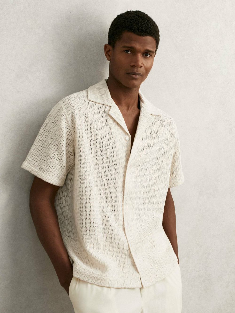 Reiss | Cotton-Blend Crochet Shirt in Off White