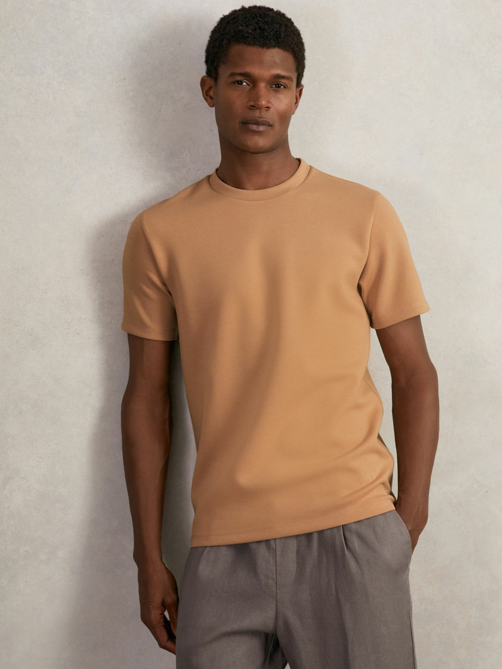 Reiss | Interlock Jersey Crew Neck T-Shirt in Light Camel Brown