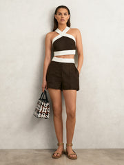 Reiss | Linen Halterneck Cropped Top in Chocolate/Cream