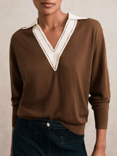 Reiss | Wool Collared Cricket Jumper in Chocolate Brown/Ivory