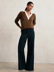Reiss | Wool Collared Cricket Jumper in Chocolate Brown/Ivory