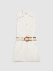 Reiss | Linen Belted Sleeveless Wrap Playsuit in Cream