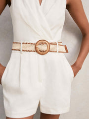 Reiss | Linen Belted Sleeveless Wrap Playsuit in Cream