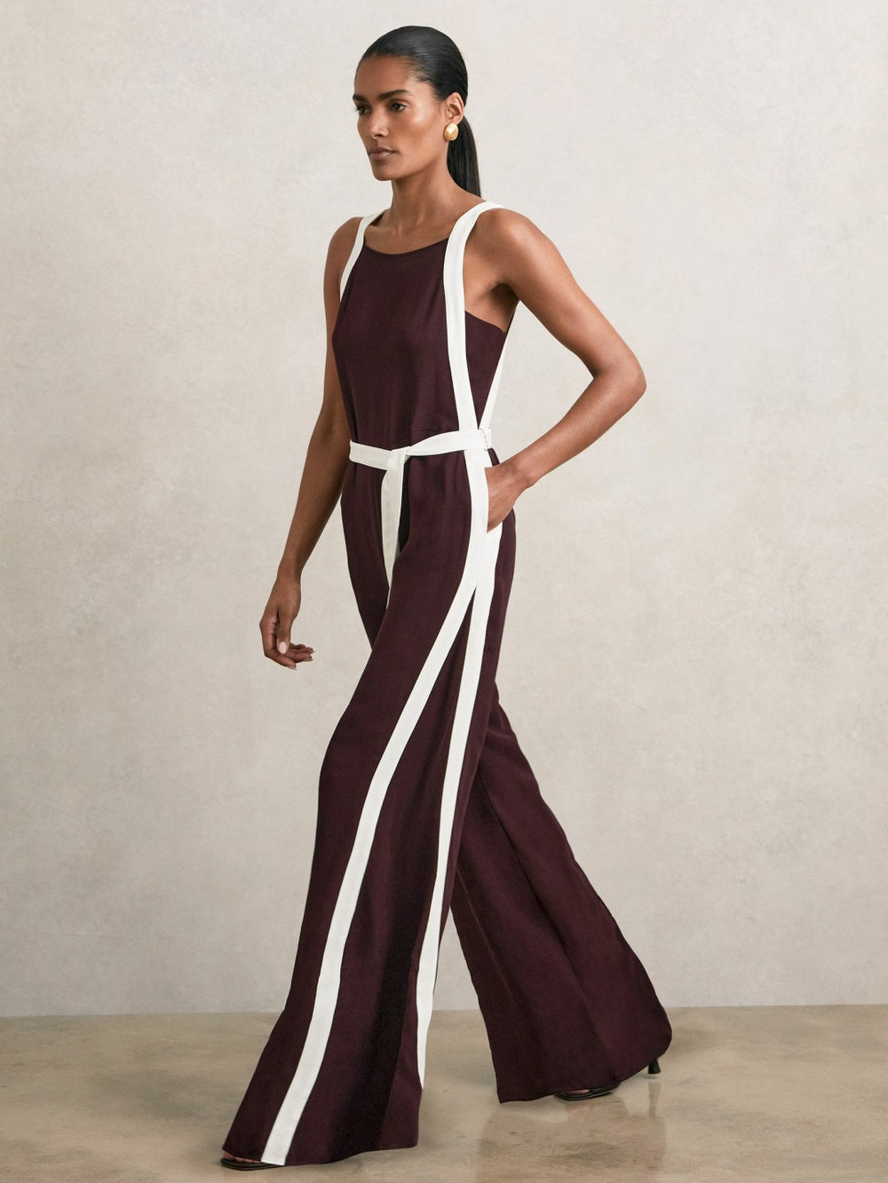 Reiss | Petite Colourblock Wide Leg Belted Jumpsuit in Burgundy/Cream