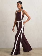 Reiss | Petite Colourblock Wide Leg Belted Jumpsuit in Burgundy/Cream