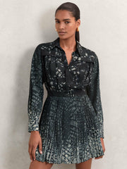 Reiss | Printed Pleated Shirt Dress in Navy