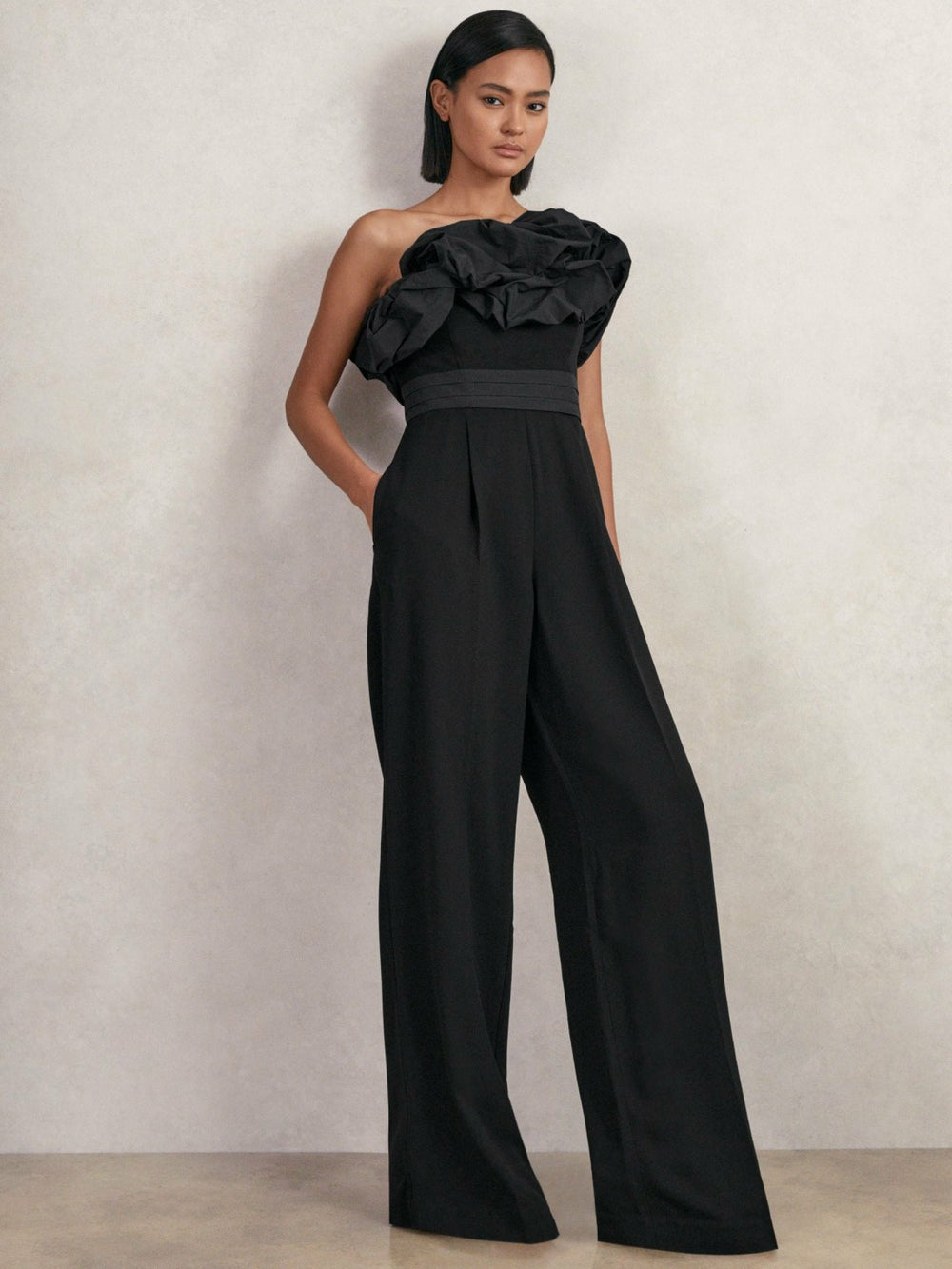 Reiss | Sculptural Strapless Wide-Leg Jumpsuit in Black