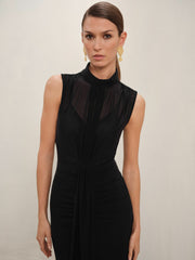 Reiss | Petite Sheer Ruched Maxi Dress in Black