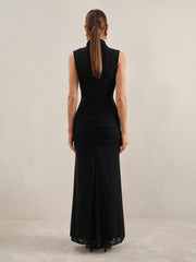 Reiss | Petite Sheer Ruched Maxi Dress in Black