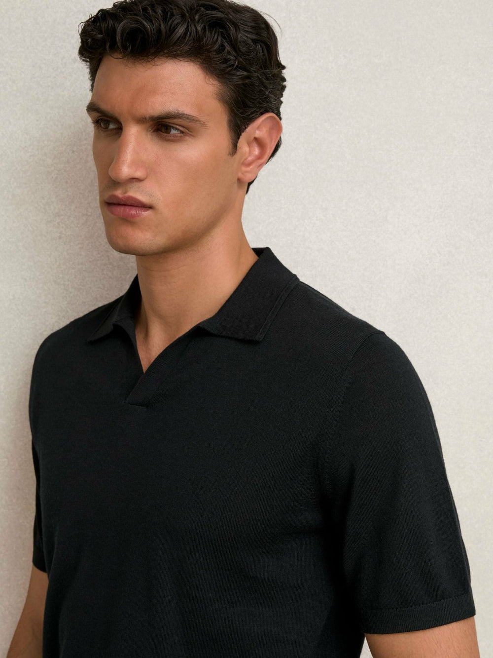 Reiss | Merino Wool Open Collar Polo Shirt in Black