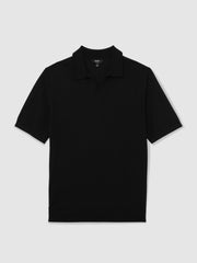 Reiss | Merino Wool Open Collar Polo Shirt in Black