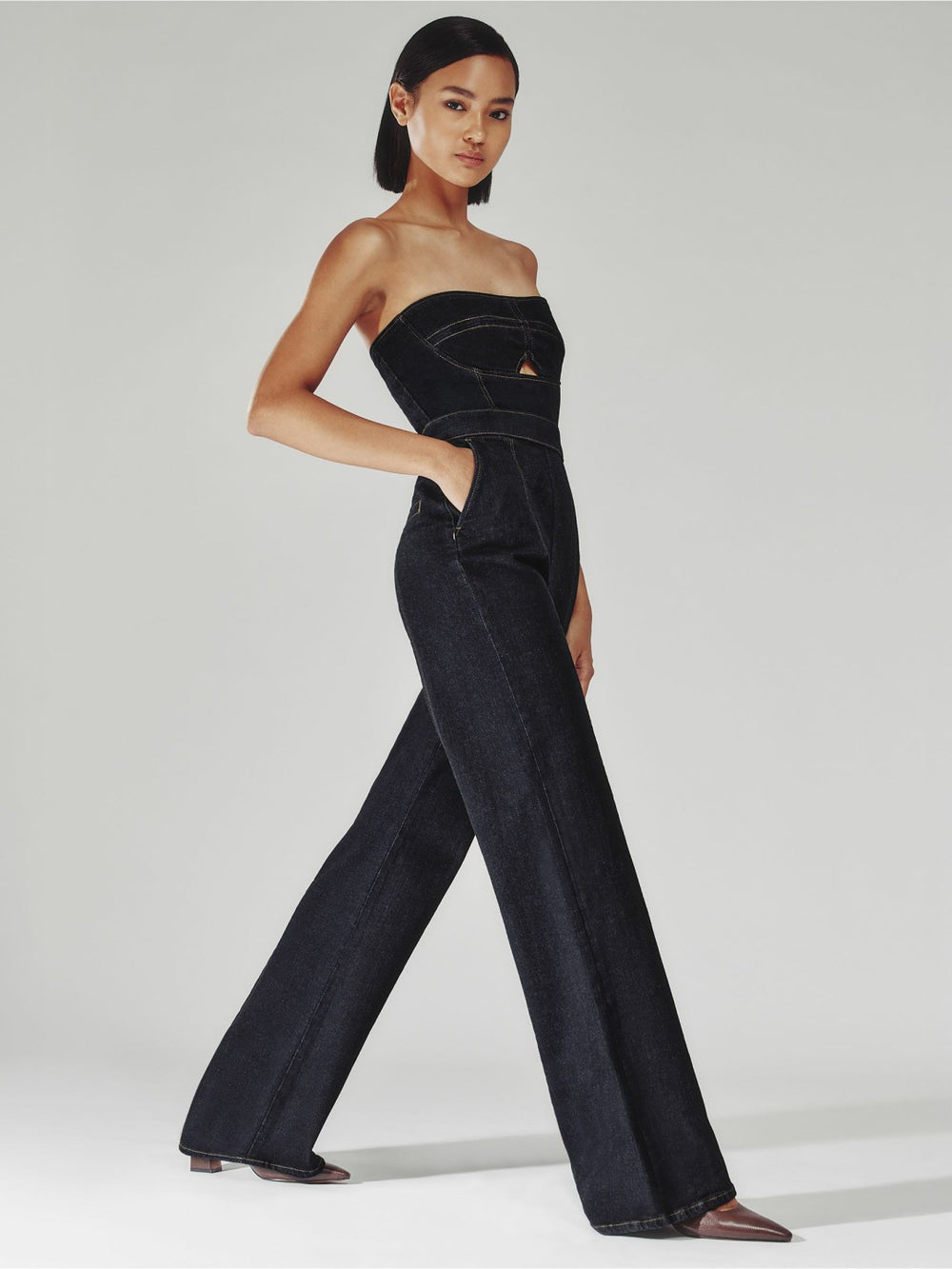 Reiss | Strapless Wide Leg Denim Jumpsuit in Indigo Blue
