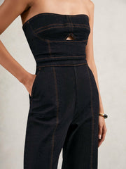 Reiss | Strapless Wide Leg Denim Jumpsuit in Indigo Blue
